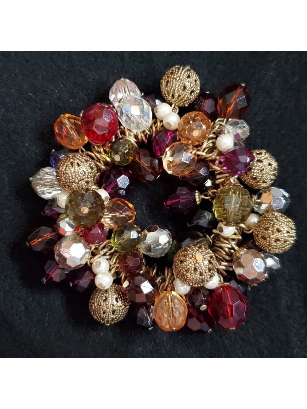 Vintage Beaded Cha Cha Bracelet Gold Tone Multicolor Stretch 6.5"